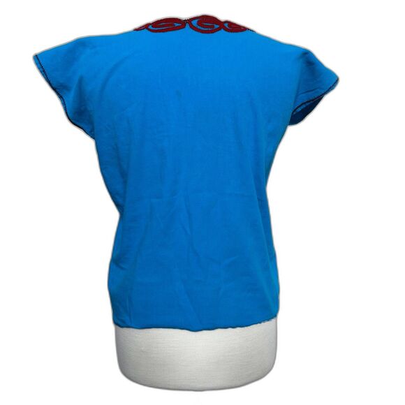 Mexican Turquoise Rose Embroidered V-Neck Handmade Artisan Top - Women M - Picture 2 of 3